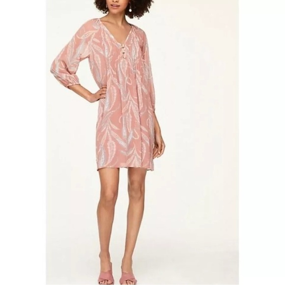 LOFT OUTLET Women’s Medium PAISLEY V NECK PLEAT FRONT BOHO SHIFT MINI DRESS - Picture 1 of 10